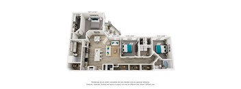 A 3D floor plan of a house with a living room, kitchen, and two bedrooms.