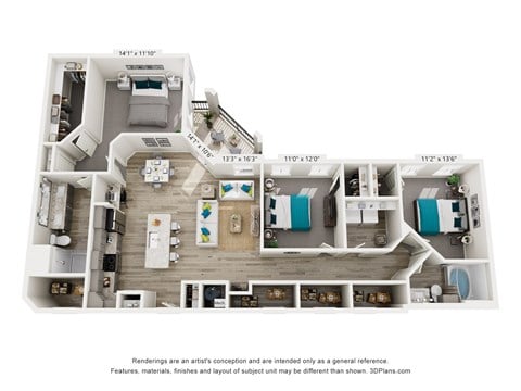 A 3D floor plan of a house with a living room, kitchen, and two bedrooms.