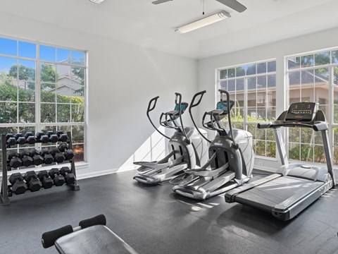 A spacious gym with treadmills, elliptical machines, and a rack of dumbbells.