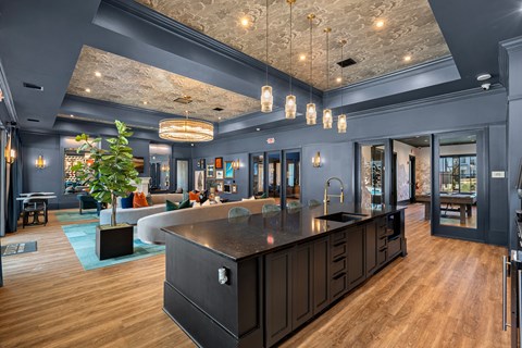 A modern kitchen with dark wood cabinets and a large island.