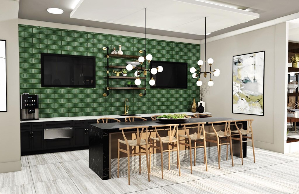 a kitchen with green tiles and a black island with a wooden table and chairs