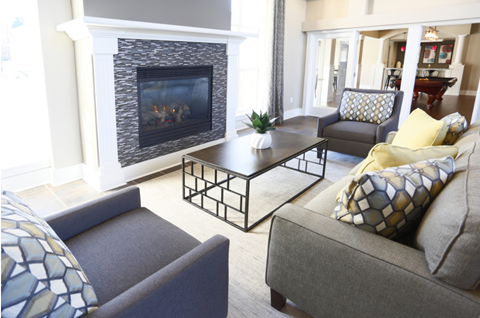 a living room with couches and a fireplace