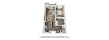 a stylized floor plan with a bedroom and a living room
