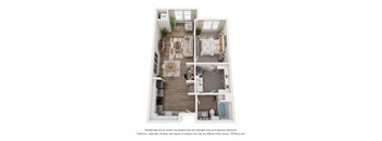 A 3D floor plan of a two-bedroom apartment with a living room, kitchen, and bathroom.