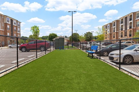 a green lawn in a fenced in area with cars in a parking lot