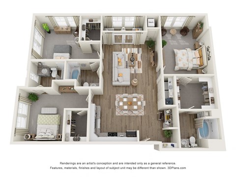 a 1 bedroom floorplan is shown in this rendering