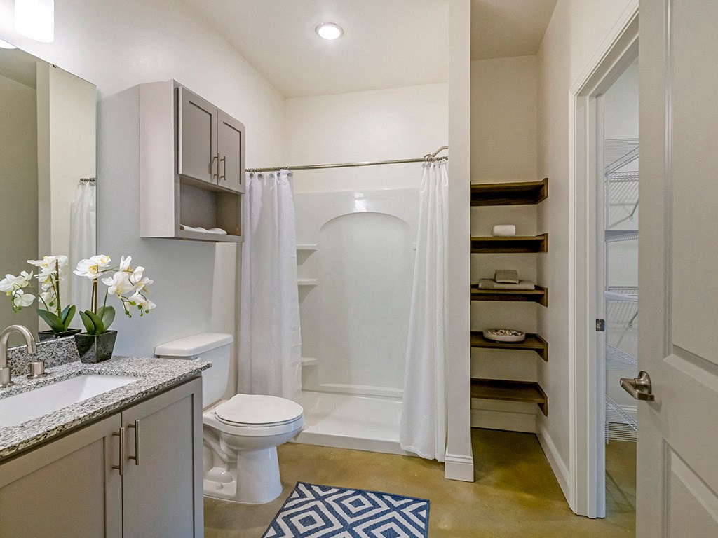 a bathroom with a shower and a toilet and a sink