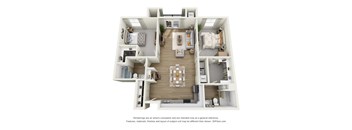 A 3D floor plan of a house with a living room, kitchen, and two bedrooms.