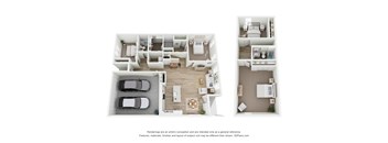 a stylized 3d floor plan with a bedroom and a living room