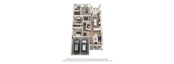 A 3D floor plan of a house with two bedrooms, a living room, a kitchen, a dining room, and two parking spaces.