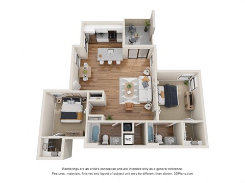 a stylized floor plan with a bedroom and living room