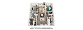 A 3D floor plan of a small apartment with a kitchen, living room, and bedroom.