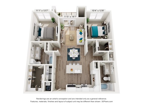 A 3D floor plan of a small apartment with a kitchen, living room, and bedroom.