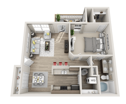 a stylized floor plan with a bedroom and a living room