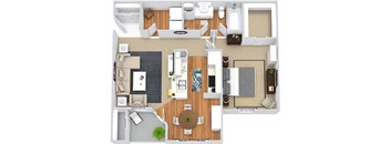 A top-down view of a modern apartment layout with a kitchen, living room, and dining area.