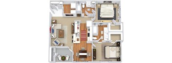 A top-down view of a small apartment with a kitchen, living room, and bedroom.