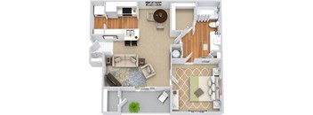 A top-down view of a living room, kitchen, and dining area.