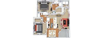 A detailed 3D floor plan of a modern apartment layout.
