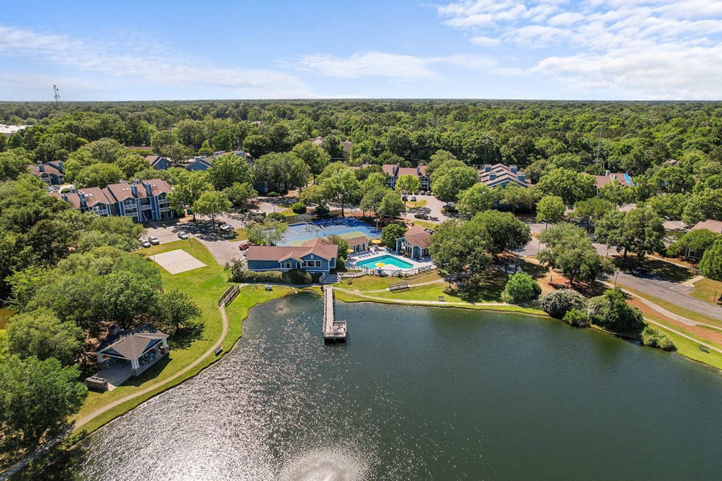 a view from above of a neighborhood with a lake and a bridge