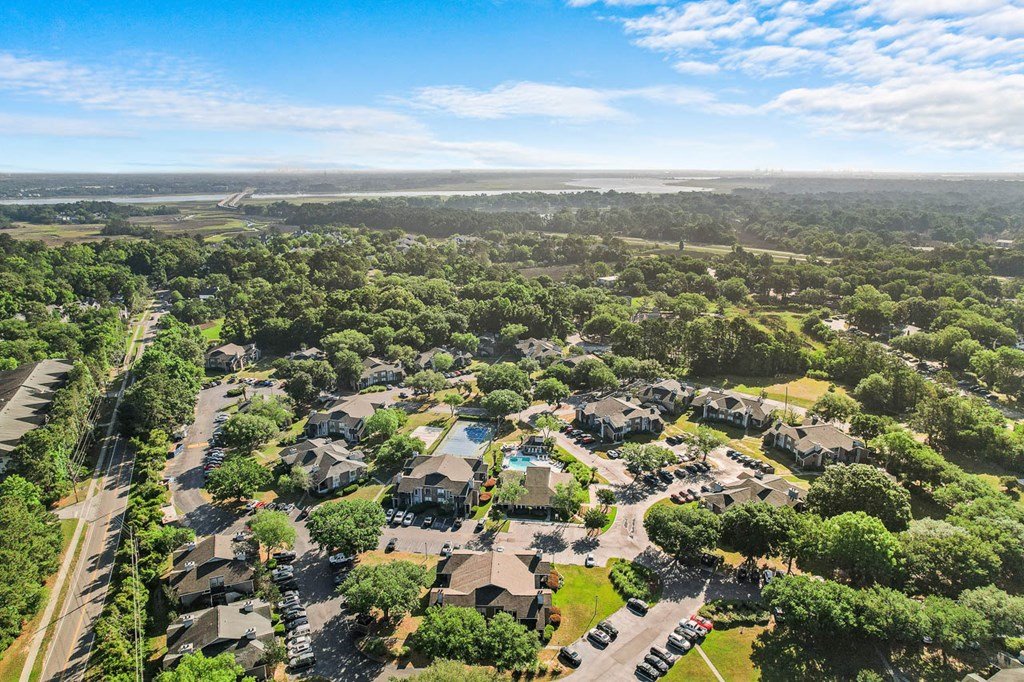 an aerial view of a neighborhood with houses and trees