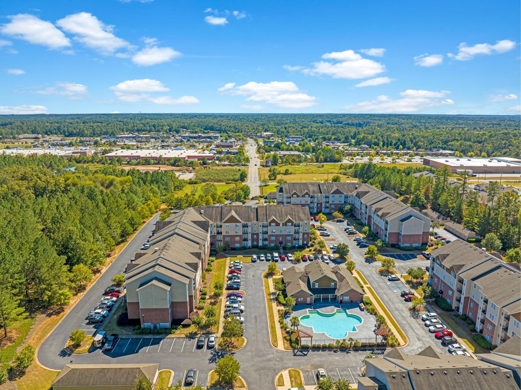 a birds eye view of our apartments and parking lot