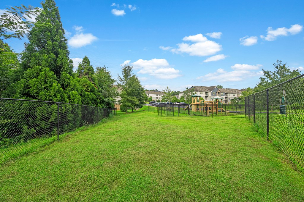 a fenced in yard with a playground and trees