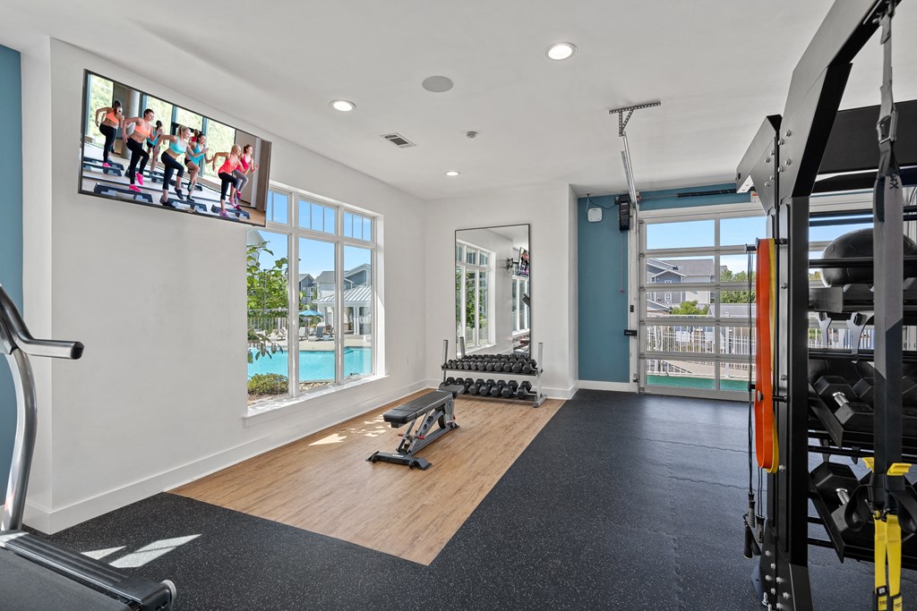 a gym with weights and a tv on the wall and a view of a pool