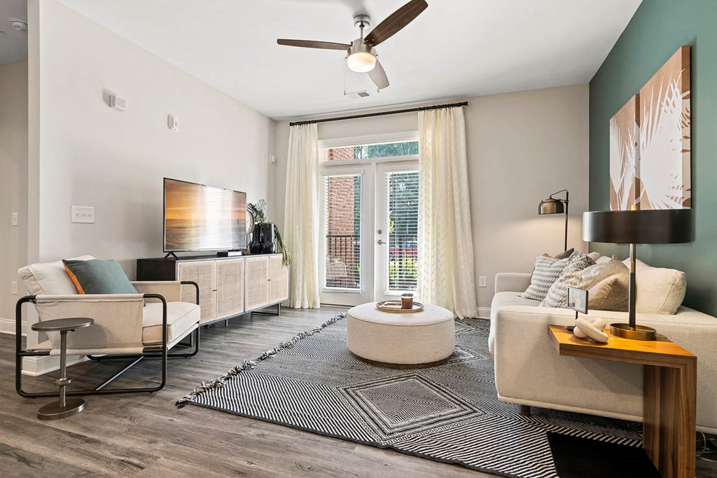 Spacious Living Room with 10ft Ceilings with Ceiling Fans