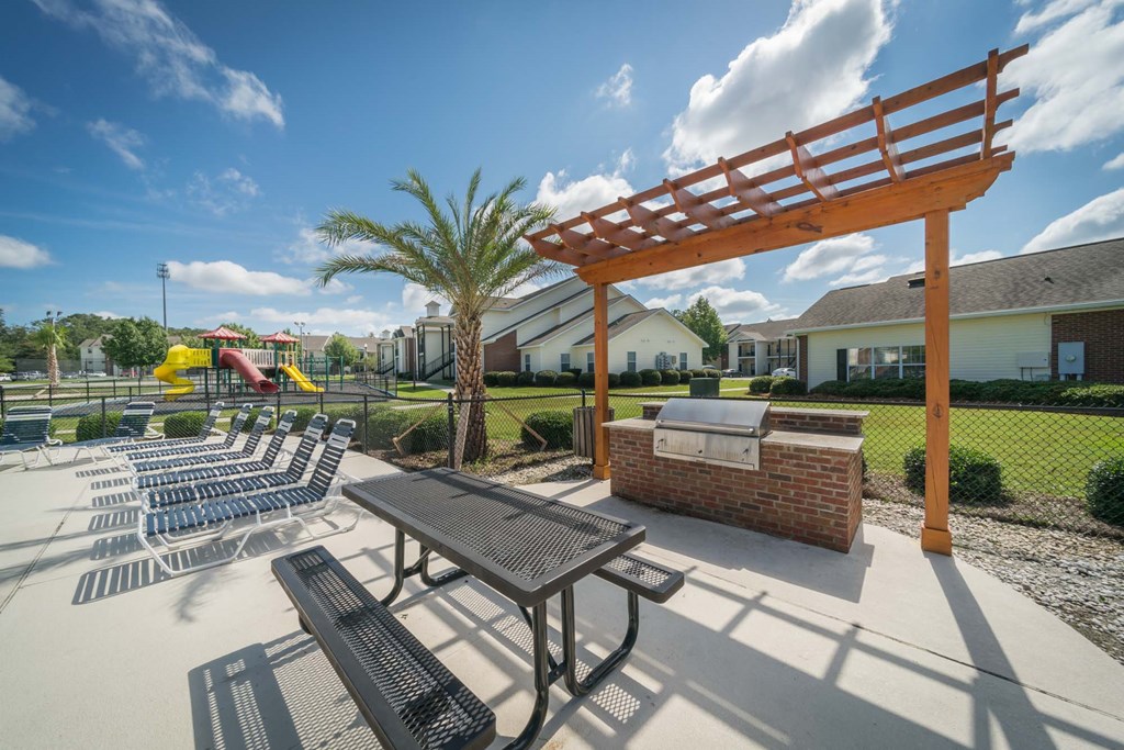 furnished patio with picnic table and barbecue grill and playground