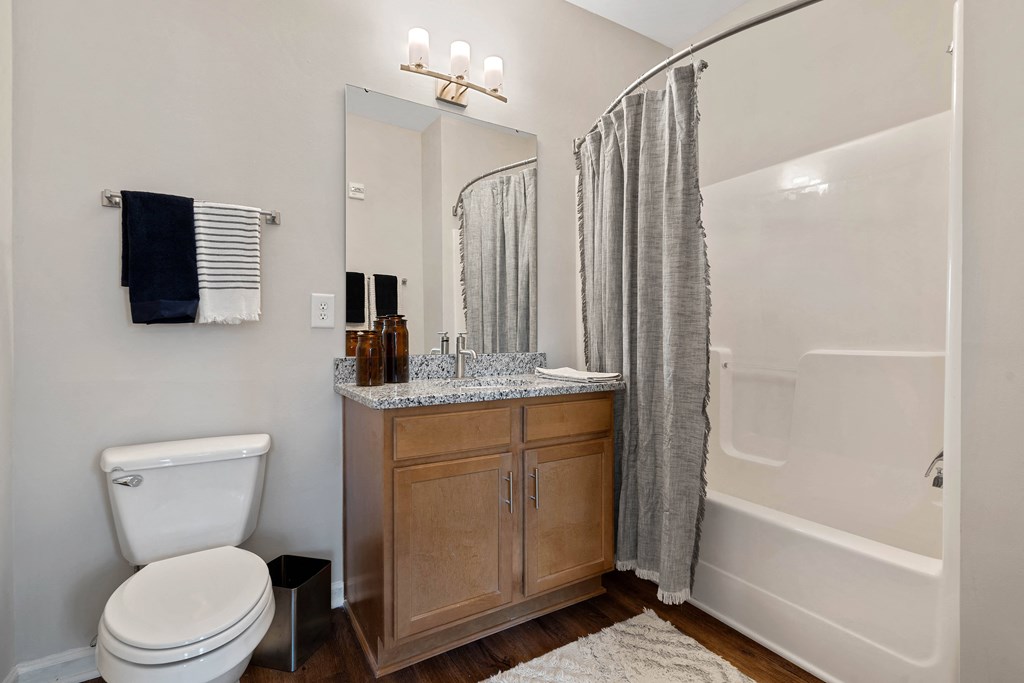 a bathroom with a toilet sink and shower and a mirror