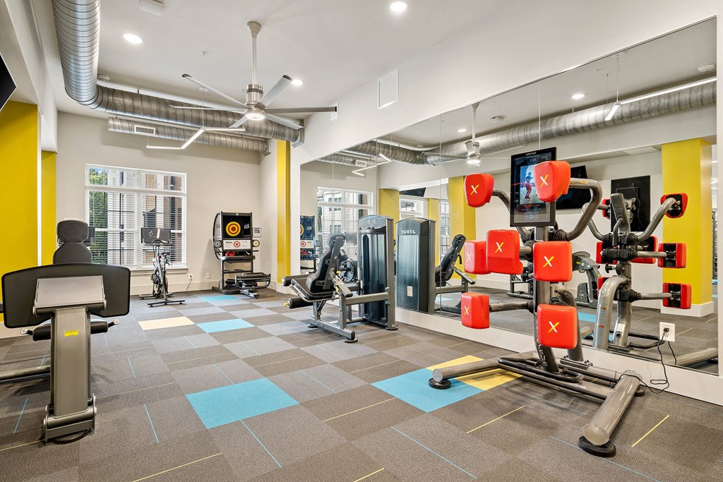 a gym with cardio equipment and weights at the district at highland village apartments