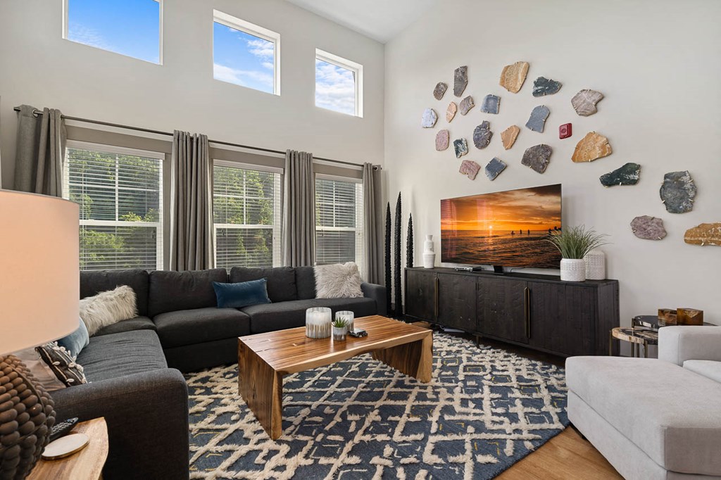 a living room with a couch and a coffee table