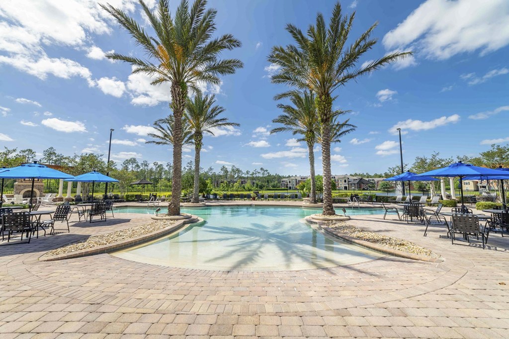 a resort style swimming pool with palm trees and umbrellas