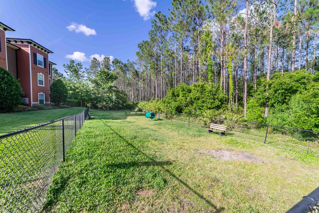 a fenced in yard with a bench next to a chain link fence