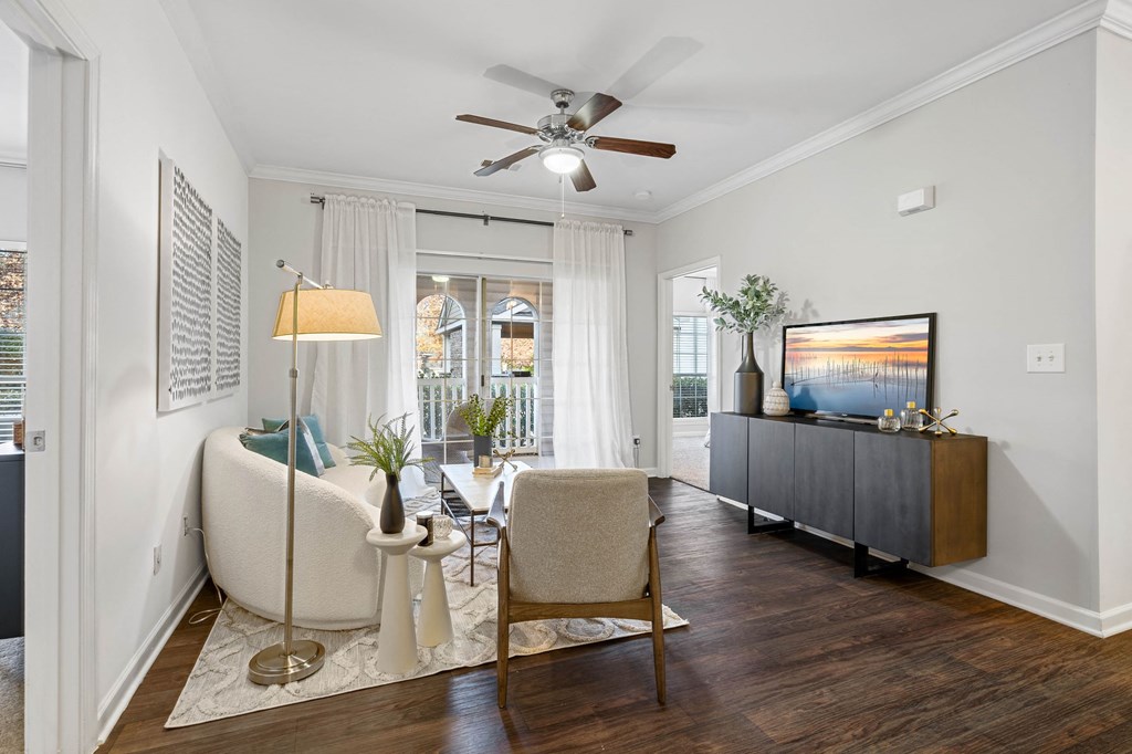 Open-concept living room at Hawthorne at the Carlyle in Greenville, SC