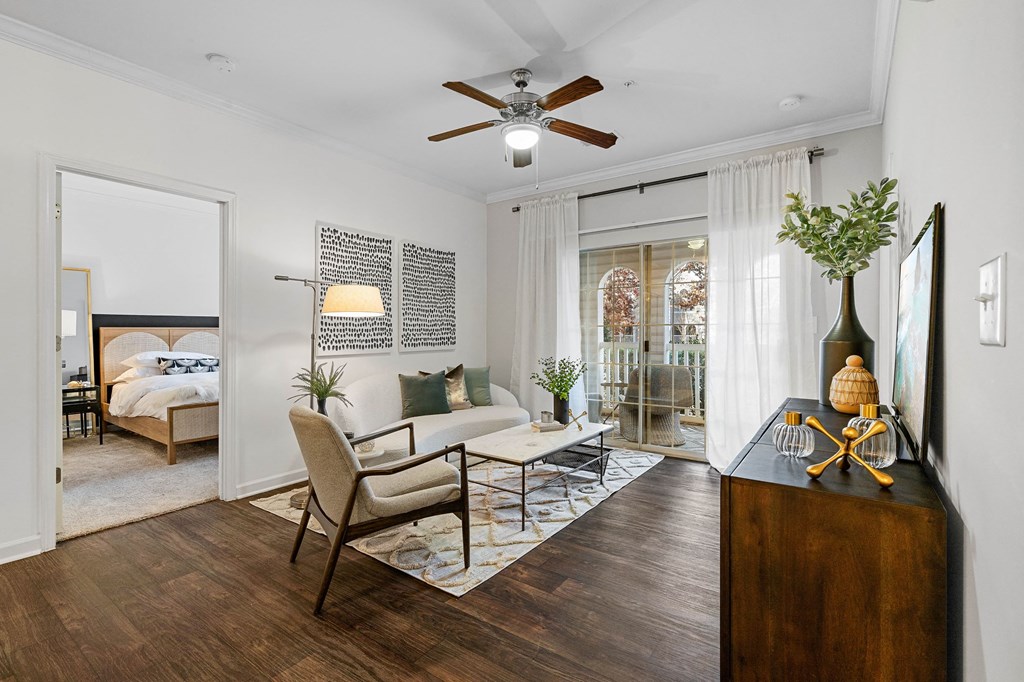 Open-concept living room at Hawthorne at the Carlyle in Greenville, SC