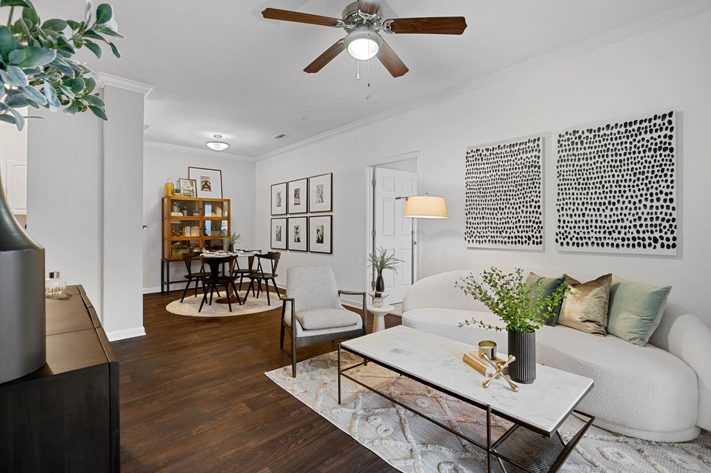 Open-concept living room at Hawthorne at the Carlyle in Greenville, SC
