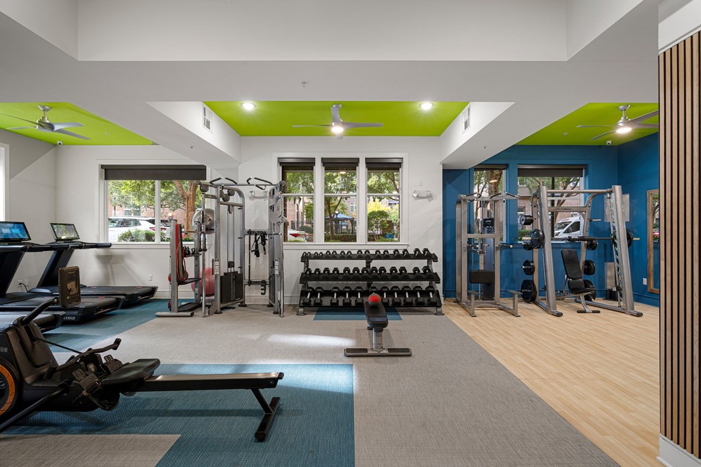 a gym with exercise equipment and weights on the floor and a blue and green ceiling