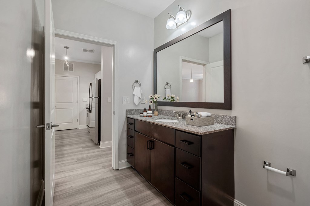 a bathroom with a large mirror and a counter with a sink
