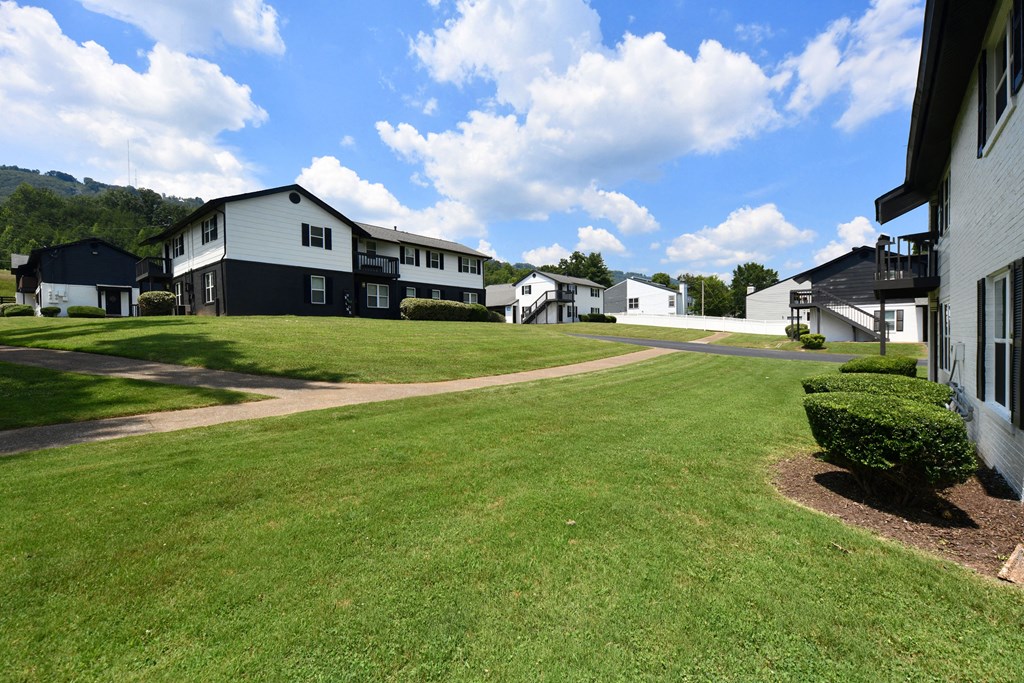 a grassy area with houses in the background