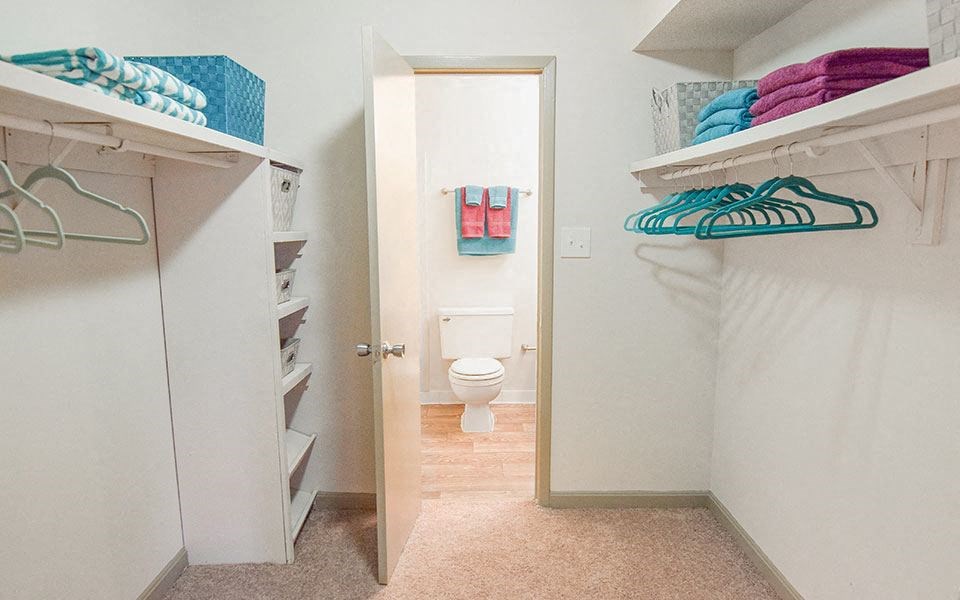 a bathroom with a toilet and a closet