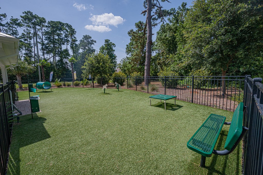 a fenced in dog park with benches and a fence