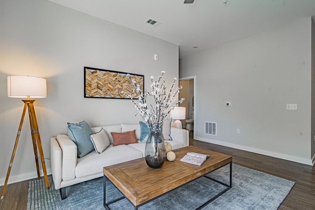 a living room with a couch and a coffee table