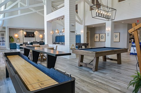 Amenities Highlight Large Community Clubhouse with Pool Table and Shuffleboard