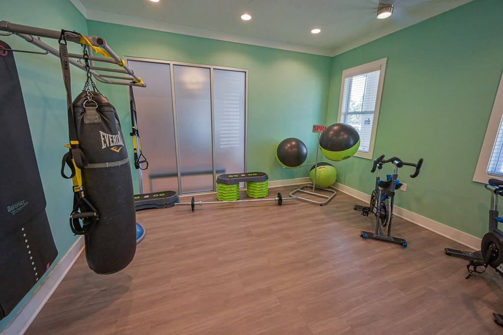 a home gym with a punching bag and a bike in it