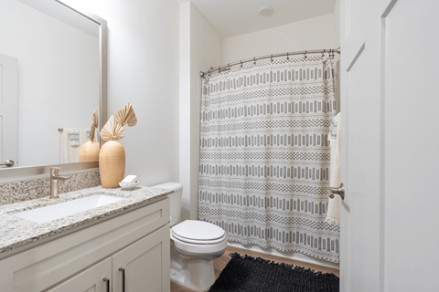 Modern Bathroom with Granite Countertops, Space-Enhancing Curved Shower Curtain Rod, and Rain Shower Head