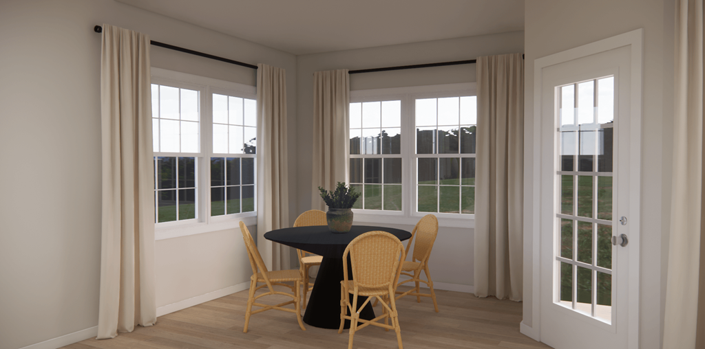 3d rendering of a dining room with a table and chairs
