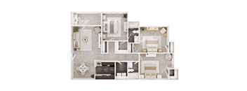 A floor plan of a house with a kitchen, living room, dining room, and two bedrooms.