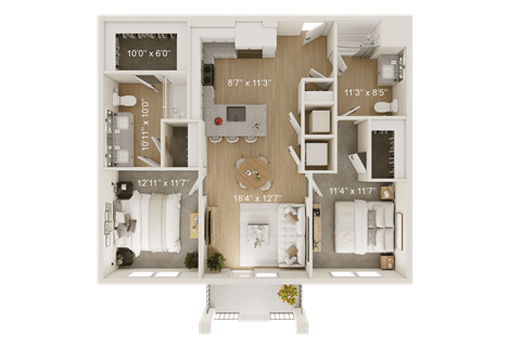A 3D floor plan of a house with labeled dimensions.