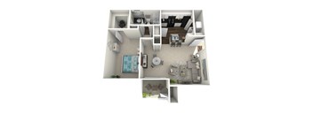 a stylized floor plan with a bedroom and a living room